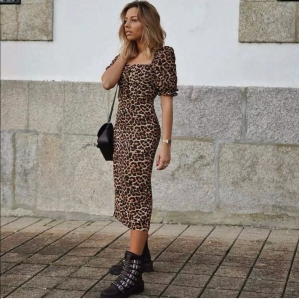 New Zara Leopard Cheetah Print Square Neck Midi Dress